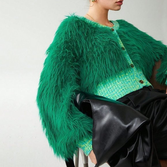 Green Casual Womens Solid Fuzzy Cardigan - Picture 4 of 5